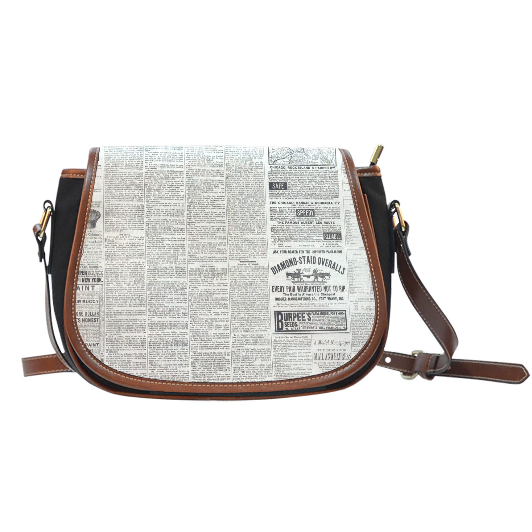 Old Newspaper Themed Design 3 Crossbody Shoulder Canvas Leather Saddle Bag