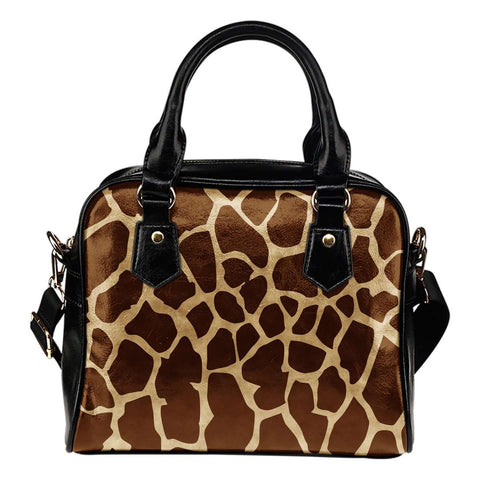 Animal Prints Giraffe Theme Women Fashion Shoulder Handbag Black Vegan Faux Leather