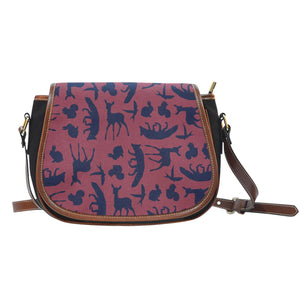 Snow White Wood Land Creatures Silhouette Red and Navy Blue Crossbody Shoulder Canvas Leather Saddle Bag - STUDIO 11 COUTURE