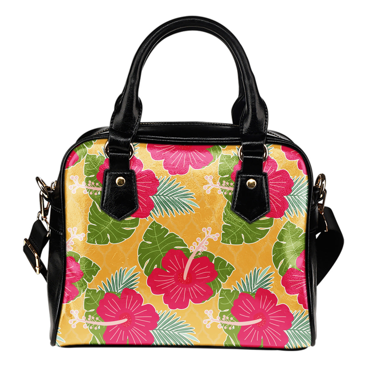 Tropical (A8) Theme Women Fashion Shoulder Handbag Black Vegan Faux Leather