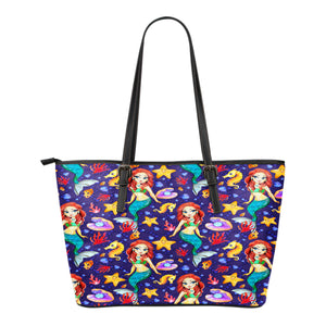 Mermaid Themed Design C14 Women Small Leather Tote Bag
