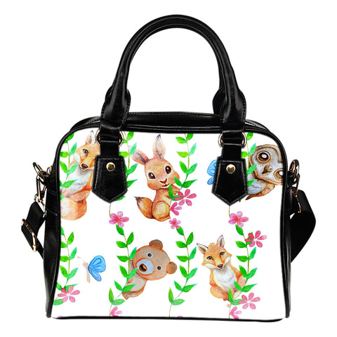 Woodland Themed Design B8 Women Fashion Shoulder Handbag Black Vegan Faux Leather