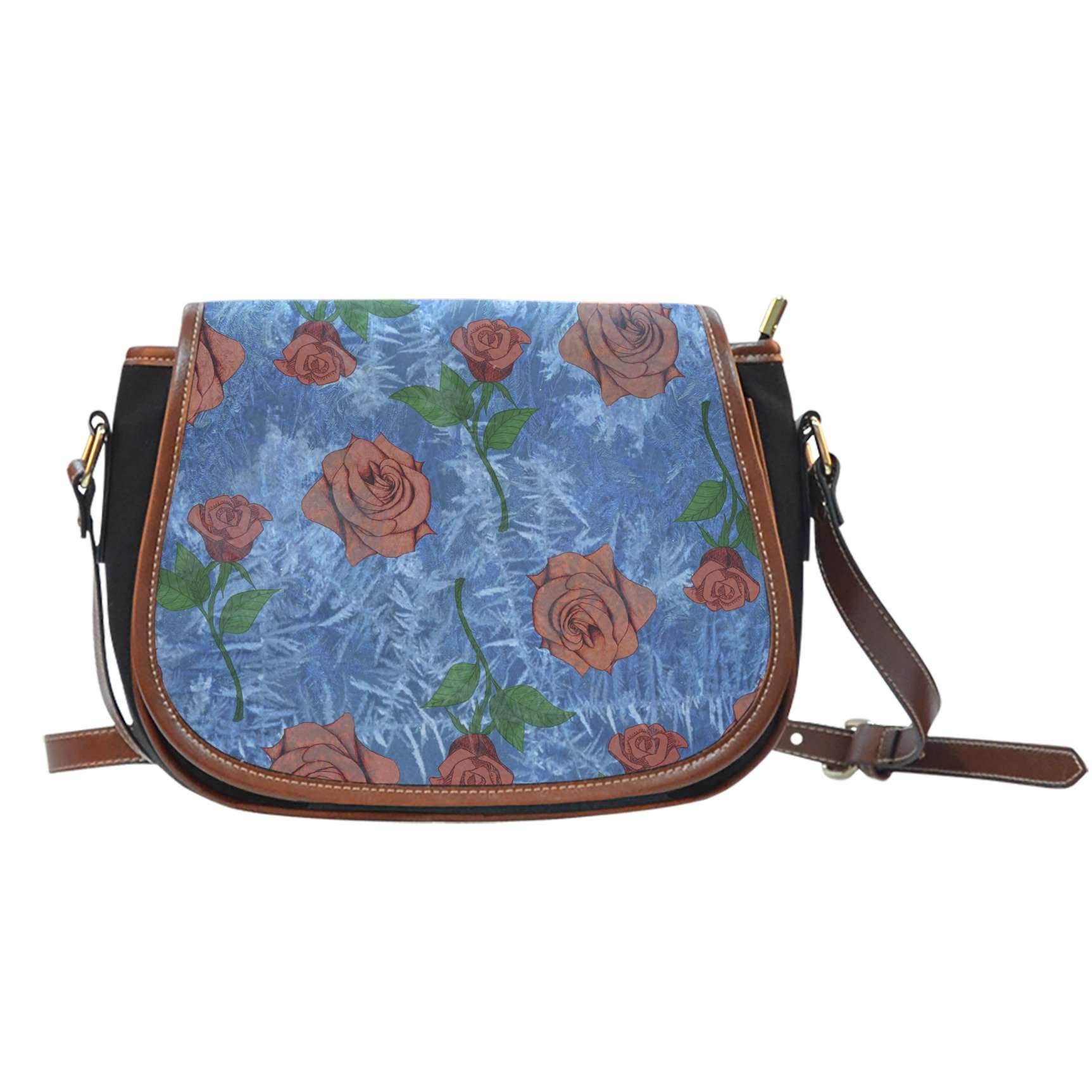 Beauty And Beast Frosted Rose Crossbody Shoulder Canvas Leather Saddle Bag