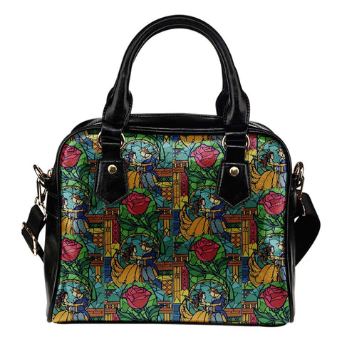 Beauty And The Beast Stained Glass Theme Women Fashion Shoulder Handbag Black Vegan Faux Leather