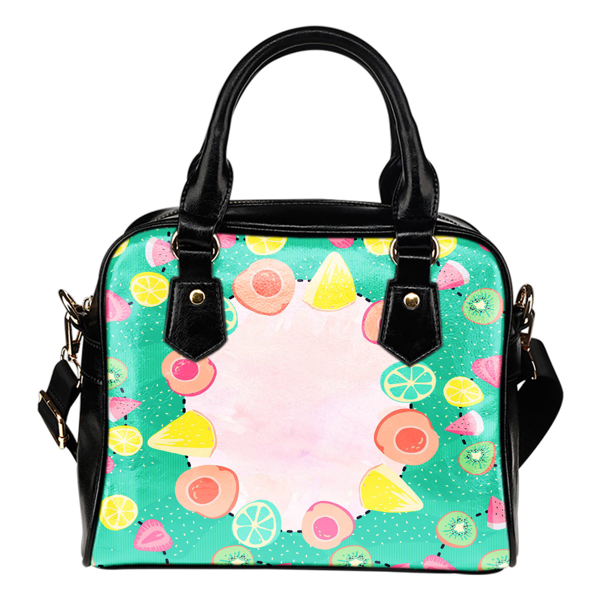 Fruits Themed Design B7 Women Fashion Shoulder Handbag Black Vegan Faux Leather