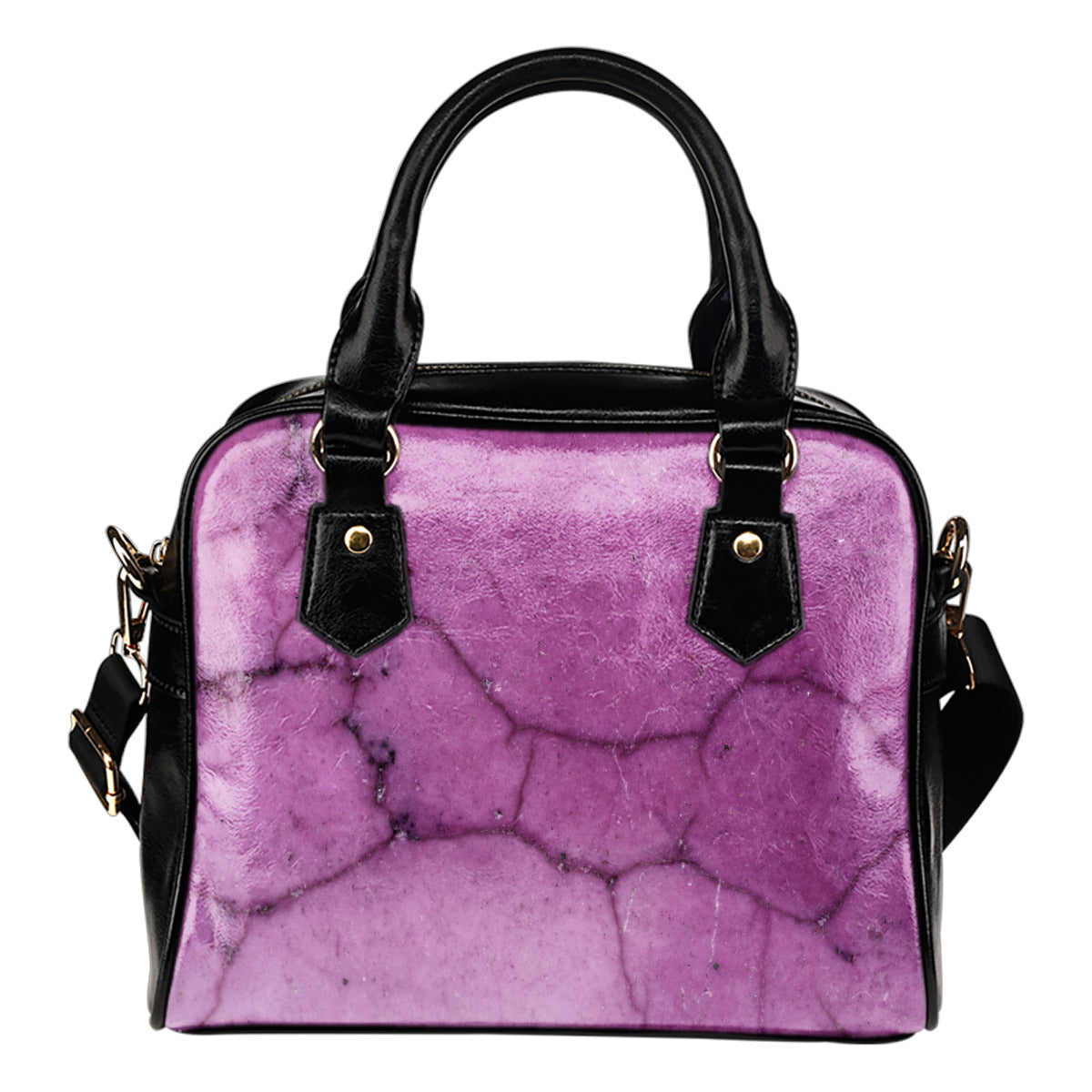 Marble Themed Design B5 Women Fashion Shoulder Handbag Black Vegan Faux Leather