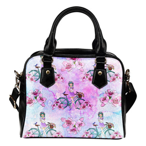 Spring Paper Themed Design B4 Women Fashion Shoulder Handbag Black Vegan Faux Leather
