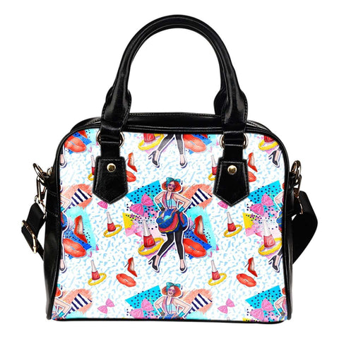 80's Geometric Fashion Girl Pattern #10 Shoulder Handbag w/ Adjustable Shoulder Straps Made of Vegan Leather - STUDIO 11 COUTURE
