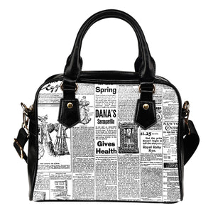Old Newspaper (A7) Theme Women Fashion Shoulder Handbag Black Vegan Faux Leather