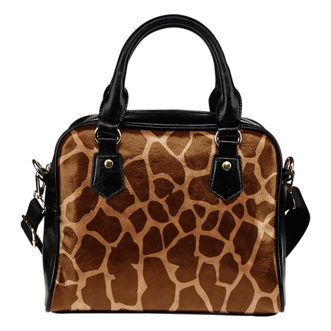 Animal Prints Giraffe Theme Women Fashion Shoulder Handbag Black Vegan Faux Leather