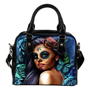 Blue Sugar Skull Girl Theme Women Fashion Shoulder Handbag Black Vegan Faux Leather