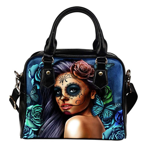 Blue Sugar Skull Girl Theme Women Fashion Shoulder Handbag Black Vegan Faux Leather