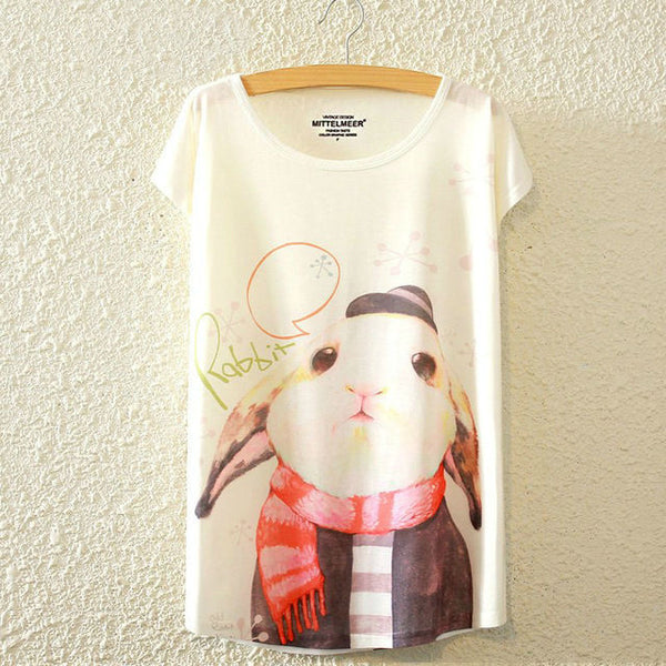 KaiTingu 2016 Brand New Fashion Harajuku Animal Cat Print Shirt O-Neck Short Sleeve Women Tops
