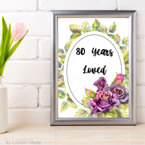 80th Birthday Party Decoration Sign - 80 Years Loved for Mom - Birthday Party Decor - Floral Birthday Signage - Birthday Party Poster