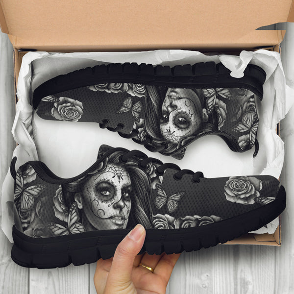 Black and White Sugar Skull Girl Womens Athletic Sneakers - STUDIO 11 COUTURE
