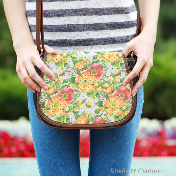 Floral Spring (C1) Crossbody Shoulder Canvas Leather Saddle Bag
