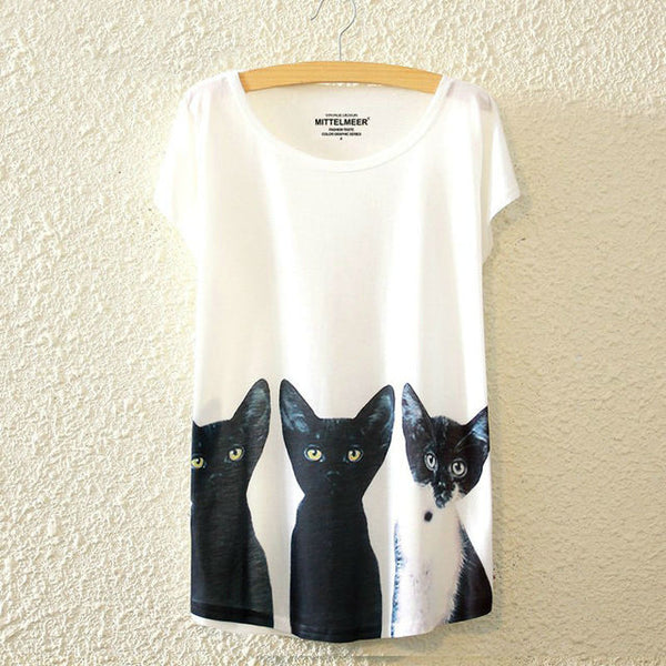 KaiTingu 2016 Brand New Fashion Harajuku Animal Cat Print Shirt O-Neck Short Sleeve Women Tops