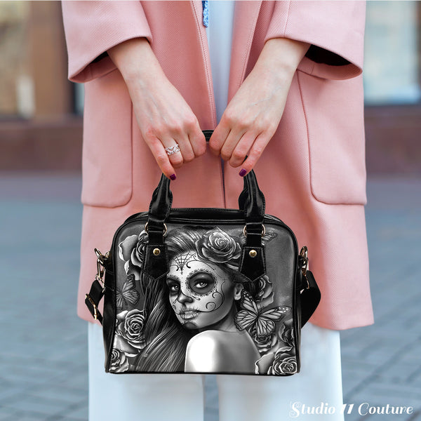 Grey Sugar Skull Girl Theme Women Fashion Shoulder Handbag Black Vegan Faux Leather - STUDIO 11 COUTURE
