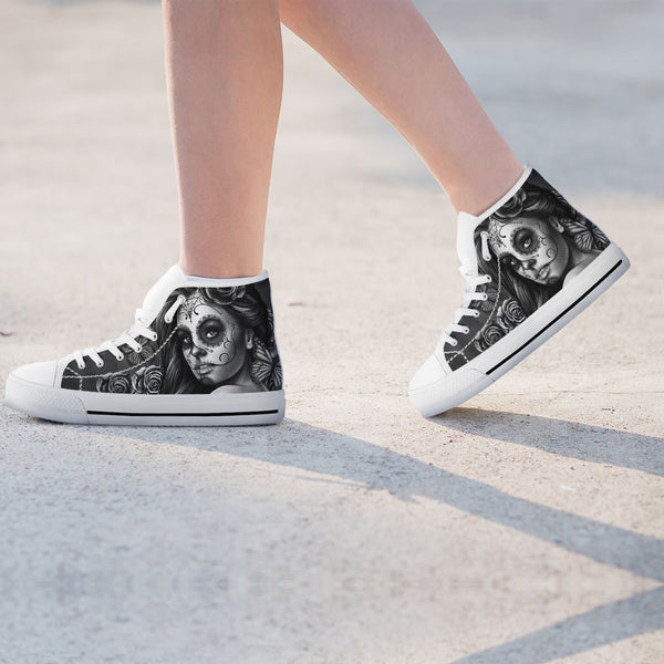 Black and White Sugar Skull Girl Womens High Top Shoes - STUDIO 11 COUTURE