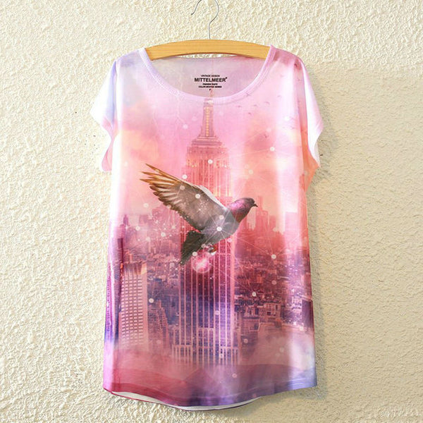 KaiTingu 2016 Brand New Fashion Harajuku Animal Cat Print Shirt O-Neck Short Sleeve Women Tops