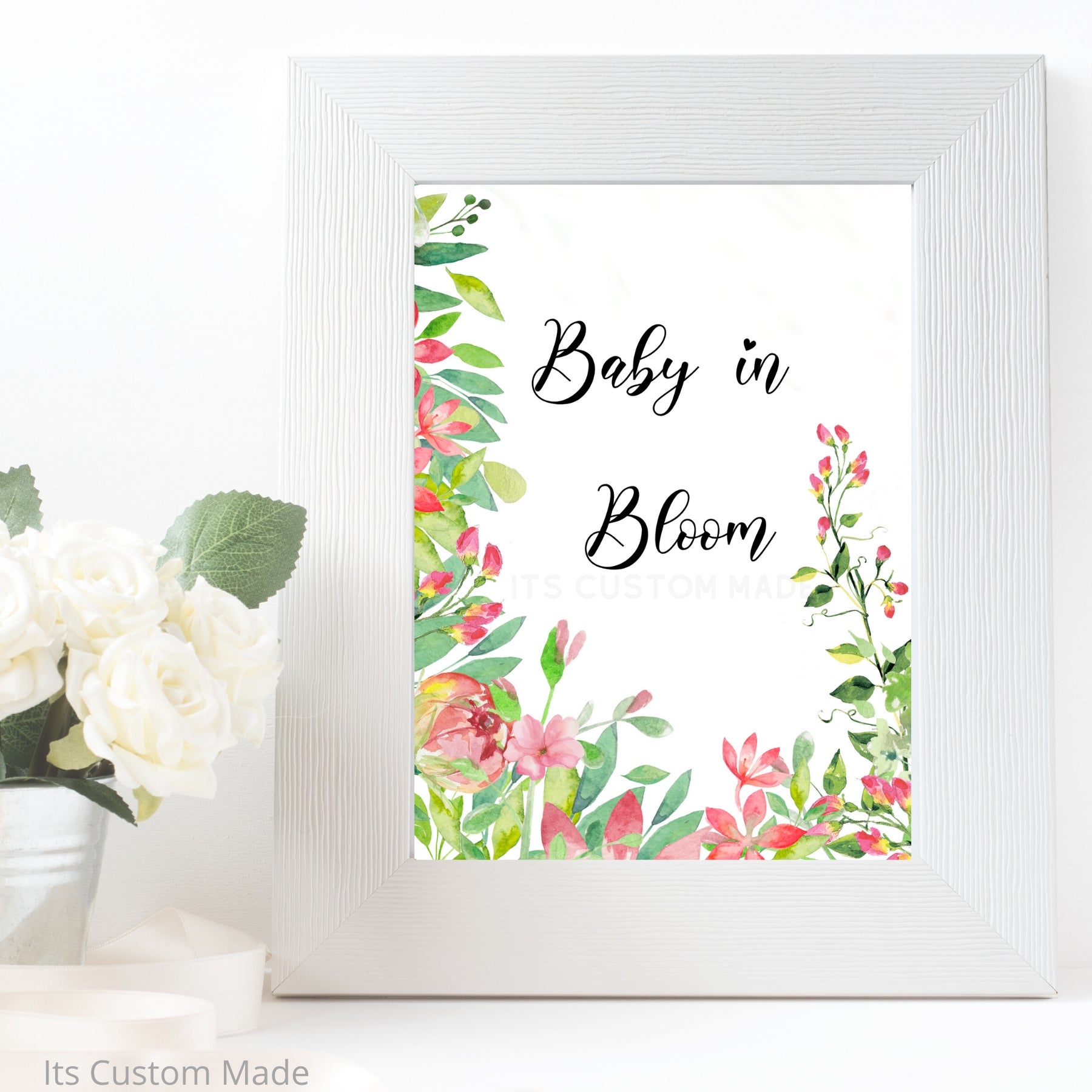 Baby in Bloom Party Wall Art Sign - French Garden Baby Shower Party Wall Art Decorations - Blue and Gold Baby Shower Printable Decor Signage - French Market Baby Shower Printable Wall Art Sign