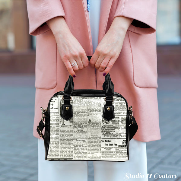 Old Newspaper (A4) Theme Women Fashion Shoulder Handbag Black Vegan Faux Leather