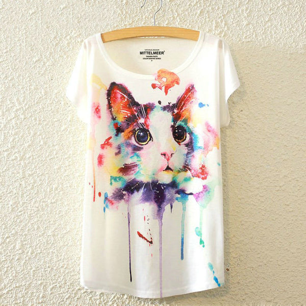KaiTingu 2016 Brand New Fashion Harajuku Animal Cat Print Shirt O-Neck Short Sleeve Women Tops
