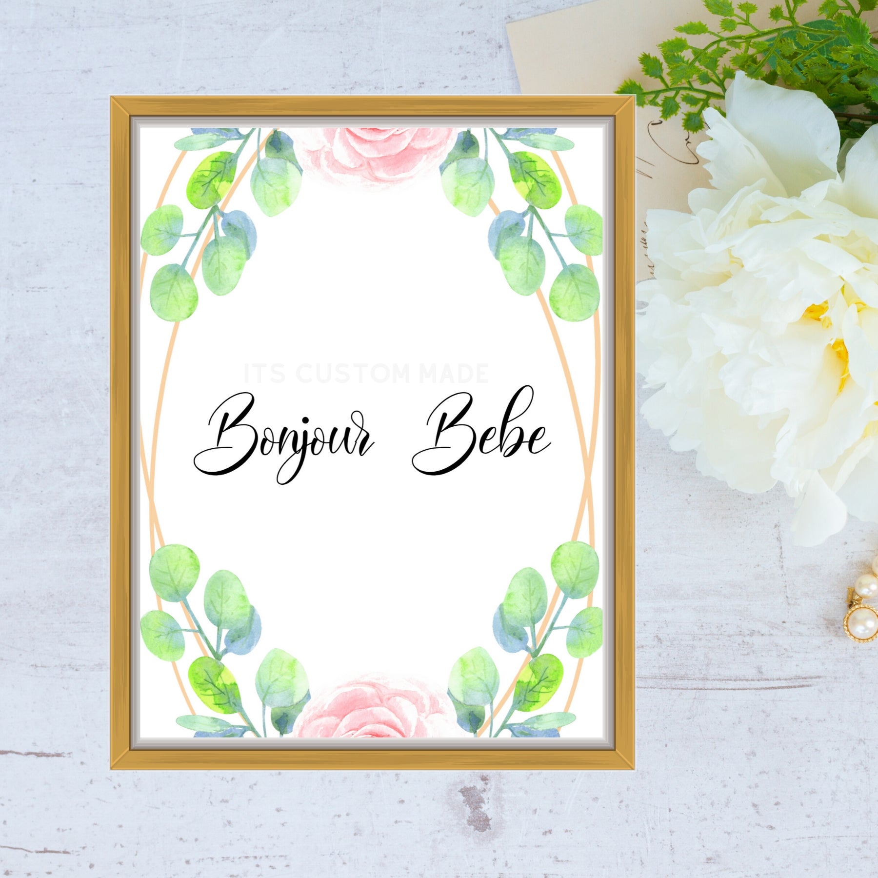 Bonjour Bebe Baby Party Shower Wall Art Sign - French Baby Shower Wall Art Decorations - Blue and Green Baby Shower Decor Sign - French Market Baby Shower Wall Art Printable Signage
