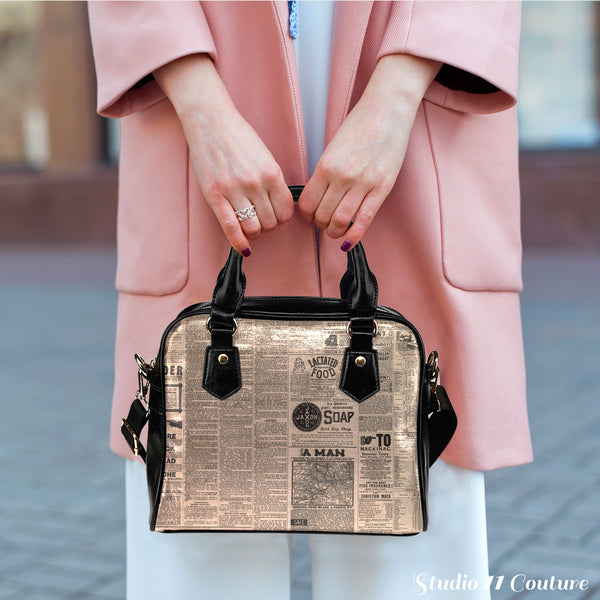 Old Newspaper (A5) Theme Women Fashion Shoulder Handbag Black Vegan Faux Leather