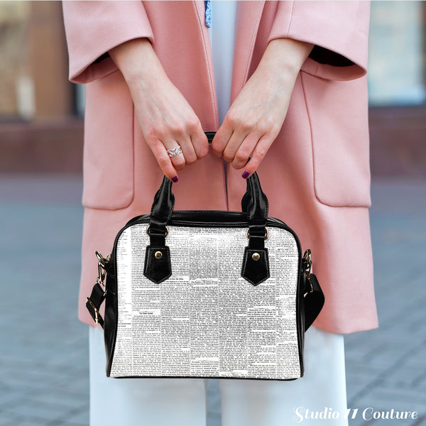 Old Newspaper (A8) Theme Women Fashion Shoulder Handbag Black Vegan Faux Leather