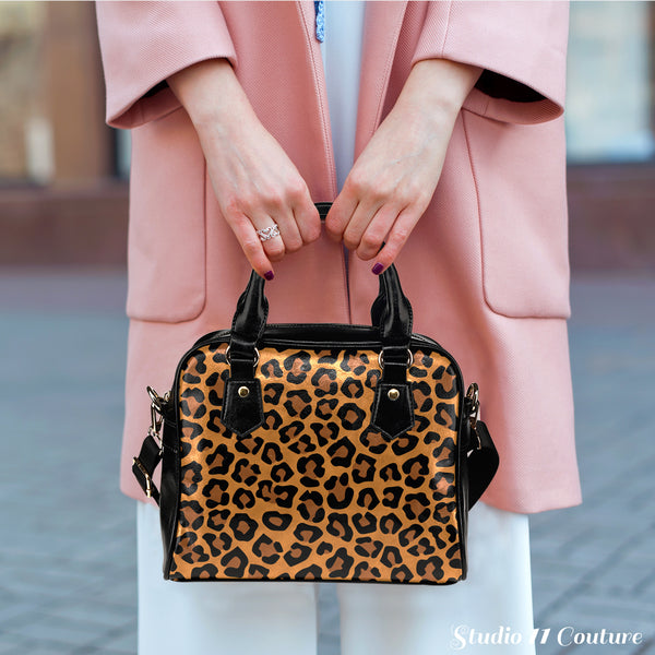 Animal Prints Cheetah Theme Women Fashion Shoulder Handbag Black Vegan Faux Leather