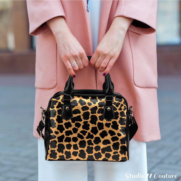 Animal Prints Cheetah Theme Women Fashion Shoulder Handbag Black Vegan Faux Leather