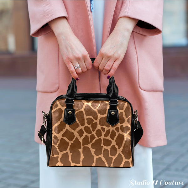 Animal Prints Giraffe Theme Women Fashion Shoulder Handbag Black Vegan Faux Leather