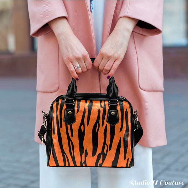 Animal Prints Tiger StripesTheme Women Fashion Shoulder Handbag Black Vegan Faux Leather