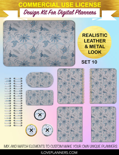 Blue Floral Digital Planners, Cover Kit, Spirals, Coils, Customize Your Digital Planners, Commercial Use OK, Digital Planners, Digital Journals, Compatible for PC, Mac, CANVA. #180