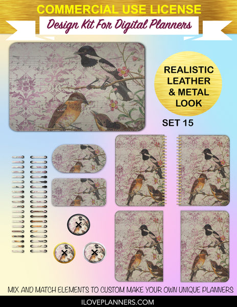 Bird Ephemera Digital Planners, Cover Kit, Spirals, Coils, Customize Your Digital Planners, Commercial Use OK, Digital Planners, Digital Journals, Compatible for PC, Mac, CANVA. #176