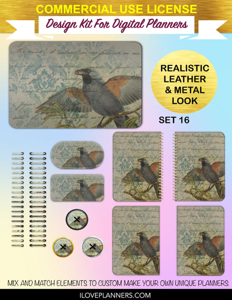 Bird Ephemera Digital Planners, Cover Kit, Spirals, Coils, Customize Your Digital Planners, Commercial Use OK, Digital Planners, Digital Journals, Compatible for PC, Mac, CANVA. #176