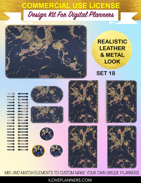 Blush and Navy Marble Digital Planners, Cover Kit, Spirals, Coils, Customize Your Digital Planners, Commercial Use OK, Digital Planners, Digital Journals, Compatible for PC, Mac, CANVA. #168