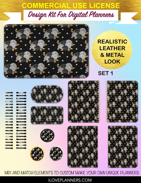 Black White & Gold Floral Digital Planners, Cover Kit, Spirals, Coils, Customize Your Digital Planners, Commercial Use OK, Digital Planners, Digital Journals, Compatible for PC, Mac, CANVA. #196