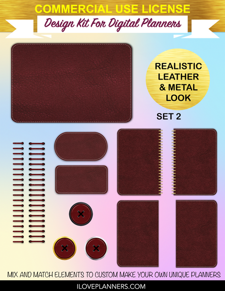 Bohemian Red Leather Digital Planners, Cover Kit, Spirals, Coils, Customize Your Digital Planners, Commercial Use OK, Digital Planners, Digital Journals, Compatible for PC, Mac, CANVA. #159