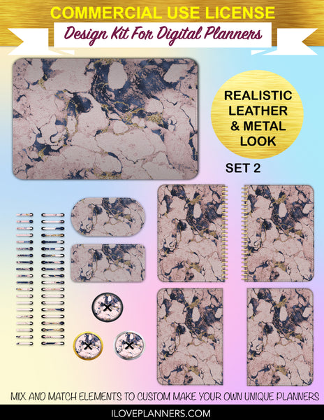 Blush and Navy Marble Digital Planners, Cover Kit, Spirals, Coils, Customize Your Digital Planners, Commercial Use OK, Digital Planners, Digital Journals, Compatible for PC, Mac, CANVA. #168