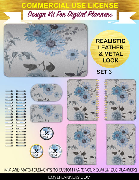 Blue Floral Digital Planners, Cover Kit, Spirals, Coils, Customize Your Digital Planners, Commercial Use OK, Digital Planners, Digital Journals, Compatible for PC, Mac, CANVA. #180