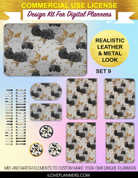 Black White & Gold Floral Digital Planners, Cover Kit, Spirals, Coils, Customize Your Digital Planners, Commercial Use OK, Digital Planners, Digital Journals, Compatible for PC, Mac, CANVA. #196