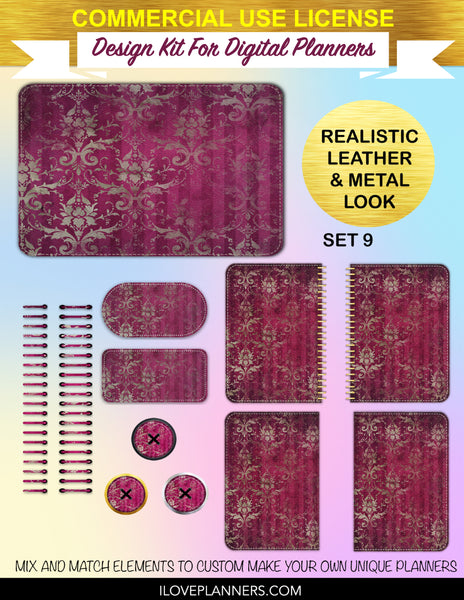 Burgundy Ephemera Digital Planners, Cover Kit, Spirals, Coils, Customize Your Digital Planners, Commercial Use OK, Digital Planners, Digital Journals, Compatible for PC, Mac, CANVA. #160
