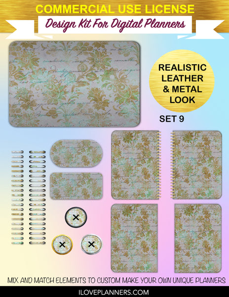 Damask Ephemera Digital Planners, Cover Kit, Spirals, Coils, Customize Your Digital Planners, Commercial Use OK, Digital Planners, Digital Journals, Compatible for PC, Mac, CANVA. #170