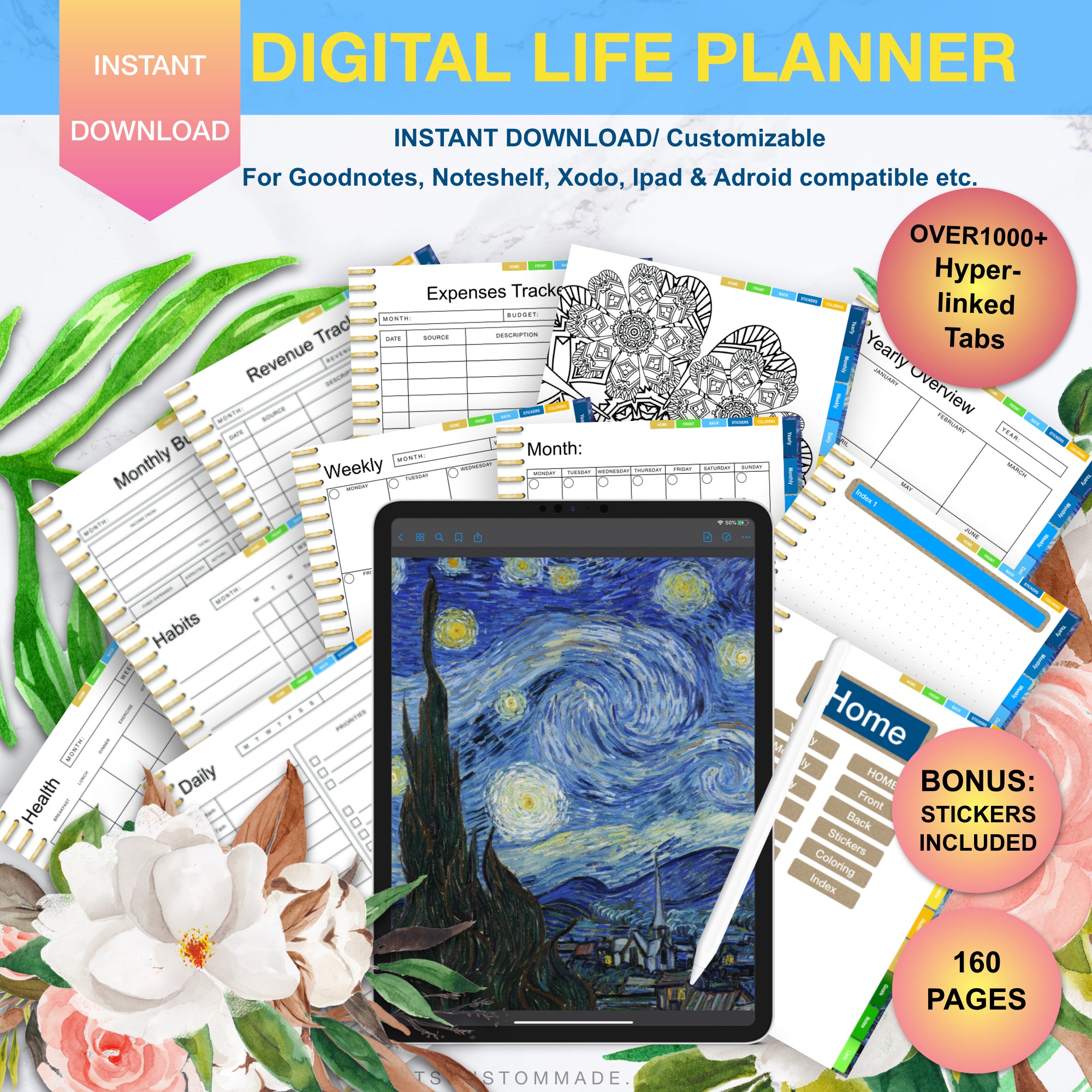 Vincent Van Gogh Starry Night Undated Digital Life Planner/ GoodNotes, Xodo, Digital Journal, iPad Planner, tablet Planner Digital Planner Stickers