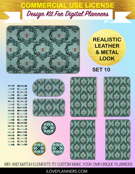 Blush and Turquoise Gothic Digital Planners, Cover Kit, Spirals, Coils, Customize Your Digital Planners, Commercial Use OK, Digital Planners, Digital Journals, Compatible for PC, Mac, CANVA. #91