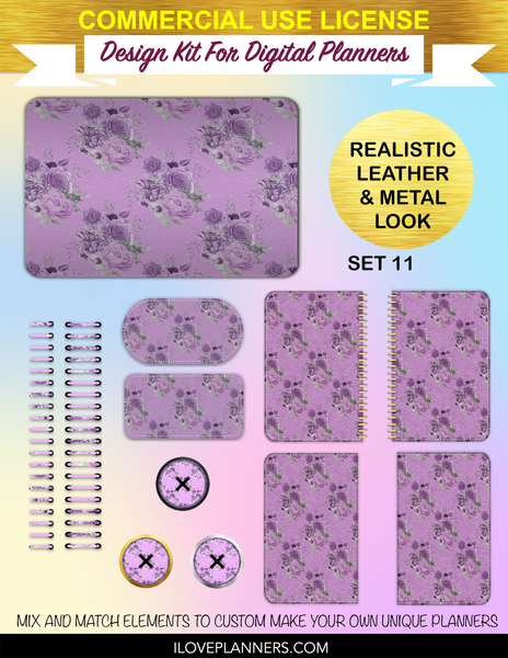 Purple and Silver Floral Digital Planners, Spirals, Coils, Customize Your Digital Planners, Commercial Use OK, Digital Planners, Digital Journals, Compatible for PC, Mac, CANVA. #39