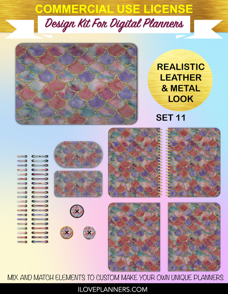 Watercolor Mermaid Scales Cover Kit for Digital Planners, Spirals, Coils, Customize Your Digital Planners, Commercial Use OK, Digital Planners, Digital Journals, Compatible for PC, Mac, Canva. #118