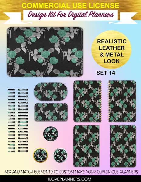 Aqua and Silver Floral Digital Planners, Spirals, Coils, Customize Your Digital Planners, Commercial Use OK, Digital Planners, Digital Journals, Compatible for PC, Mac, CANVA